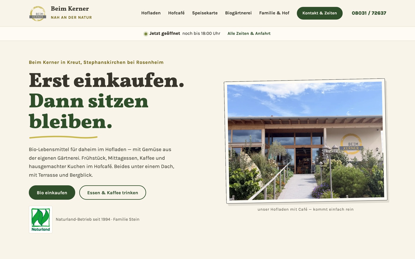 Startseite von beimkerner.de: Hofladen mit Café, Öffnungsstatus und Einstieg zu Einkauf und Café