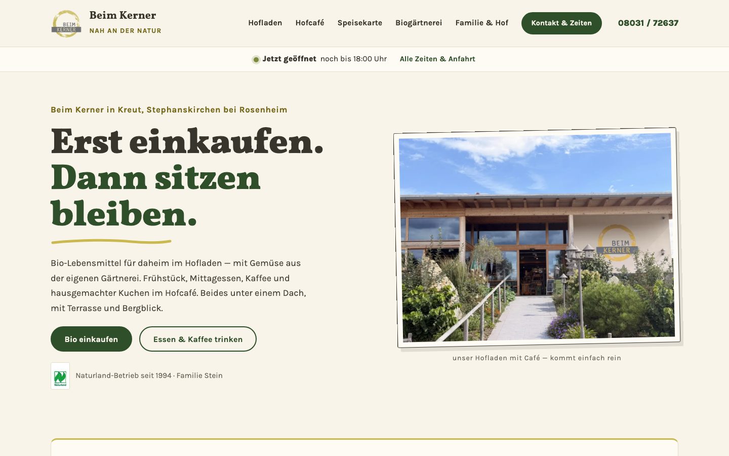 Startseite von beimkerner.de: Hofladen mit Café, Öffnungsstatus und Einstieg zu Einkauf und Café