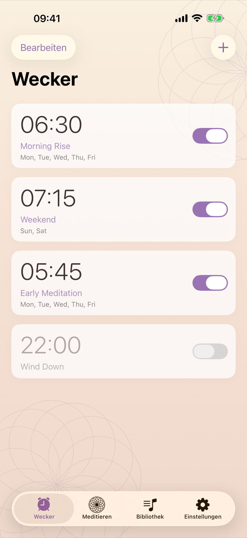 Weckerübersicht mit Morning Rise um 06:30 und Weekend um 07:15