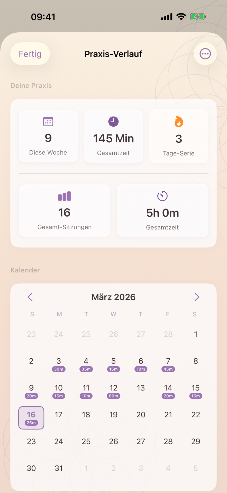Meditationsverlauf in Sayama Rise mit Sitzungsübersicht