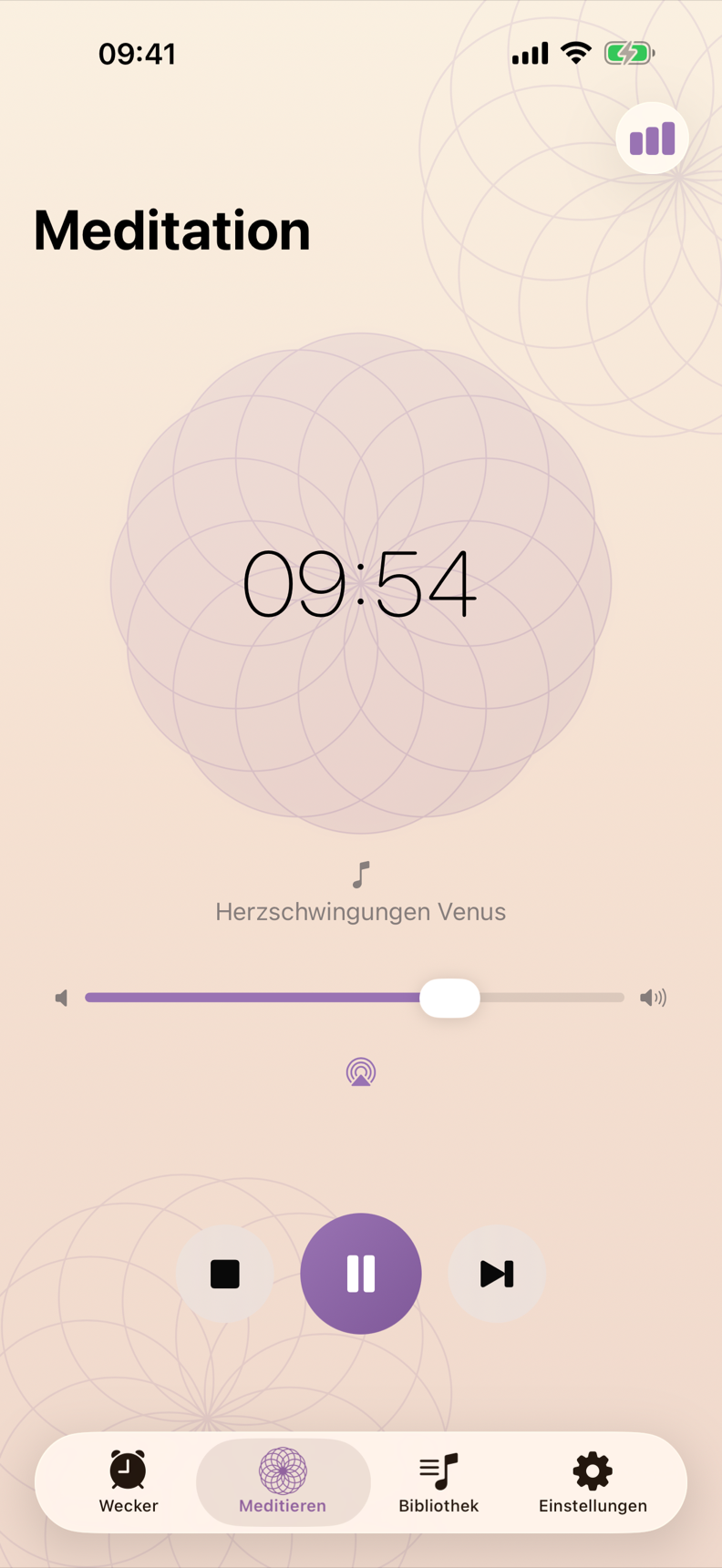 Laufende Meditation mit Kreismotiv, verbleibender Zeit und Wiedergabesteuerung