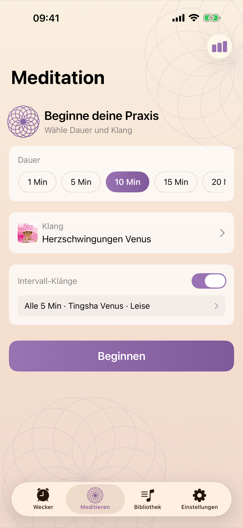 Meditationseinstellungen in Sayama Rise mit Dauer und Klangauswahl